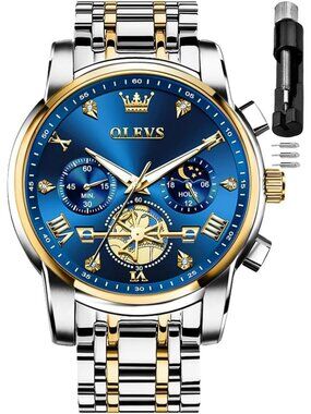 Mens Silver Blue Skeleton Stainless Steel Diamond And Calendar Chronograph Watch